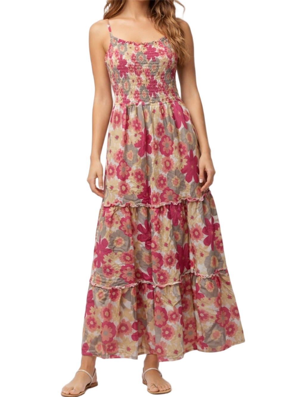Mimi Chica Floral Tiered Midi Dress Size Medium Sundress Pink Orange